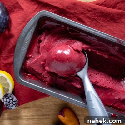 a loaf pan with an ice cream scoop and a scoop of sorbet