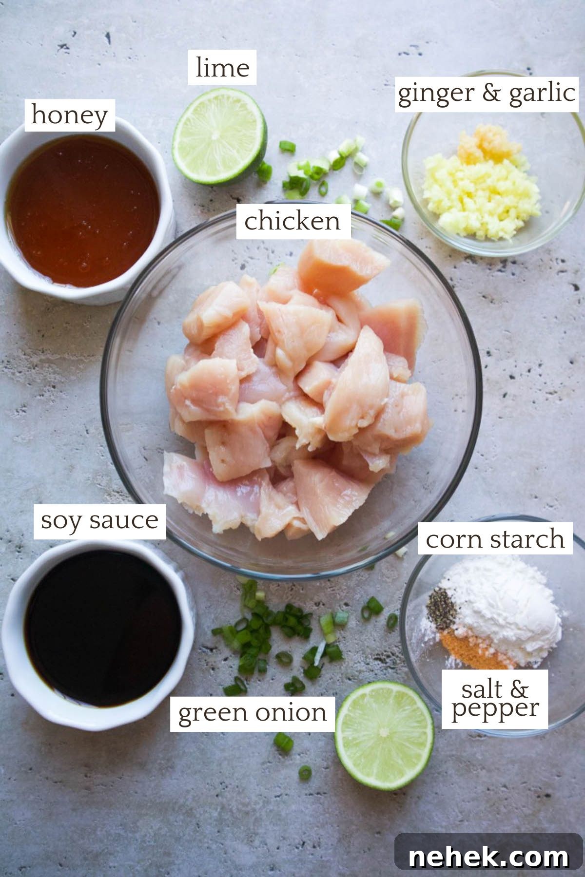 labeled ingredients to make honey ginger chicken.