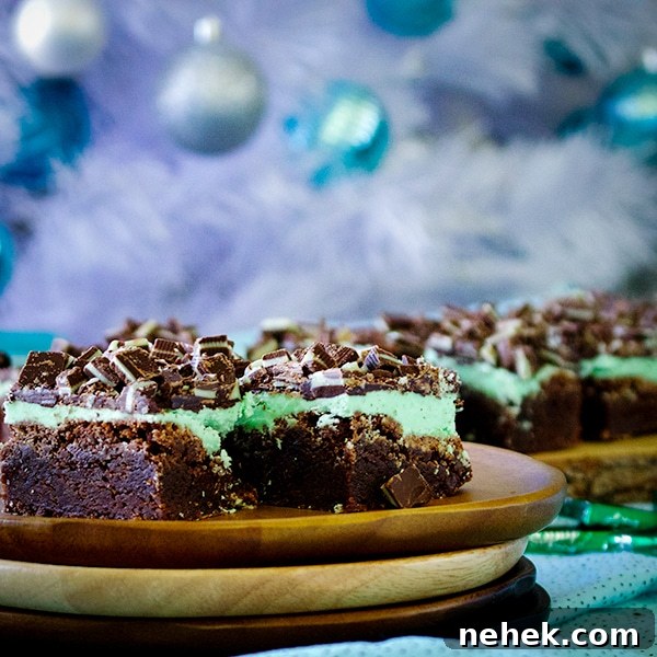 Two chocolate mint brownies on a plate.
