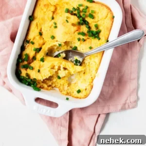 vegan corn pudding in a white baking dish