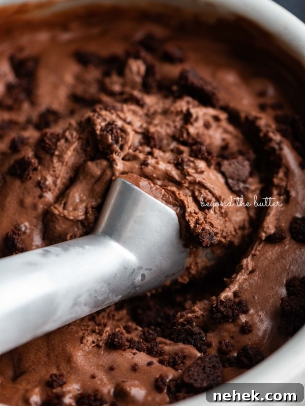 Quick Single-Layer Chocolate Cake Recipe for Perfect Moistness 9 Scooping chocolate brownie ice cream out of a round stainless steel container with a chilled ice cream scoop.