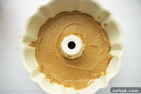 Pumpkin cake mixture added to bundt pan.