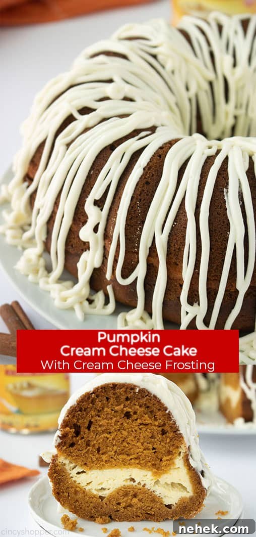 Long pin collage with text on banner Pumpkin Cream Cheese Cake with Cream Cheese Frosting