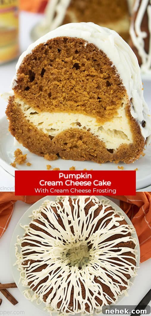 Long pin collage with text on banner Pumpkin Cream Cheese Cake with Cream Cheese Frosting