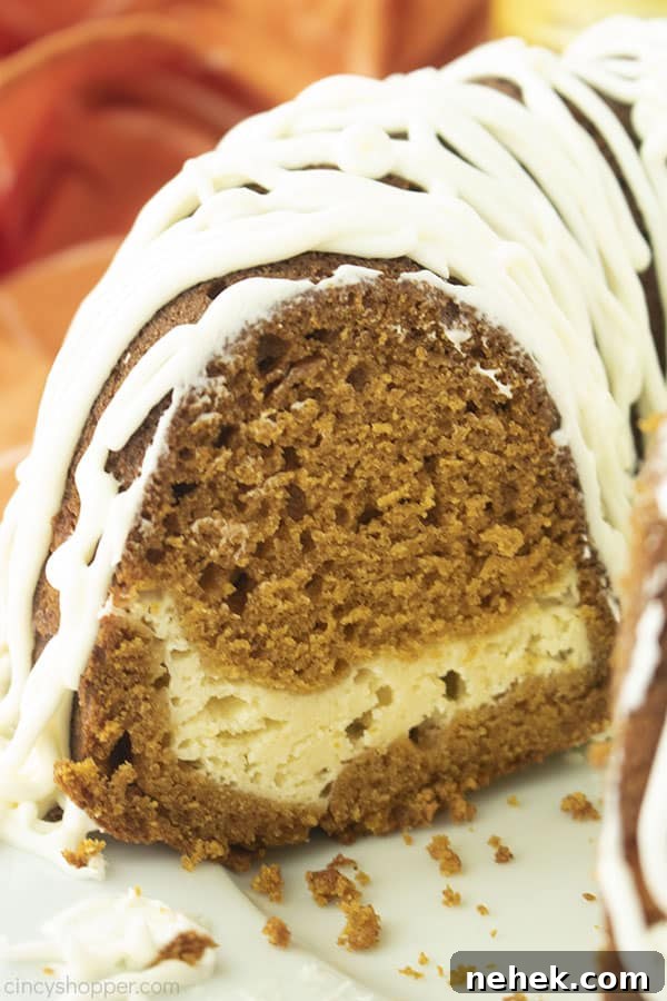 Closeup of Pumpkin Bundt Cake with Cream Cheese filling