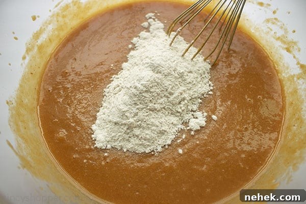 Dry ingredients added to wet mixture.