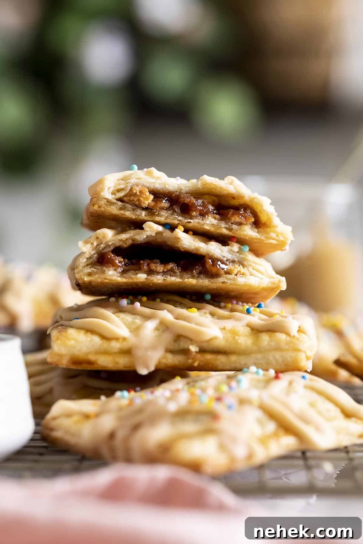 A PB&J pop tart broken in half, stacked on top of each other.