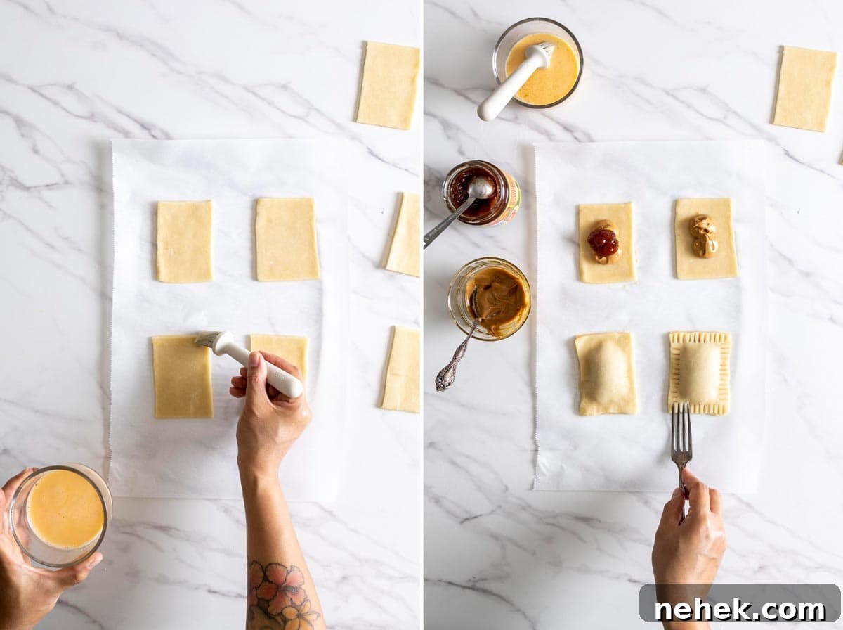 Assembling peanut butter and jelly pop tarts.