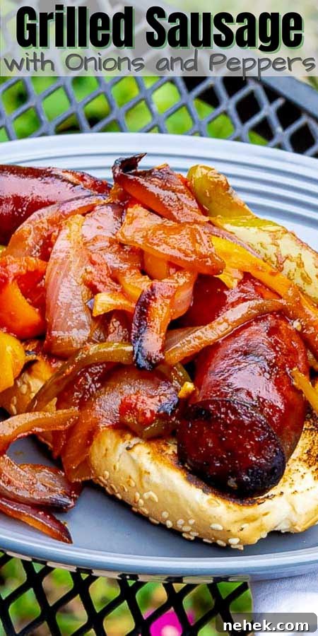 grilled sausage with onions and peppers Pinterest pin image