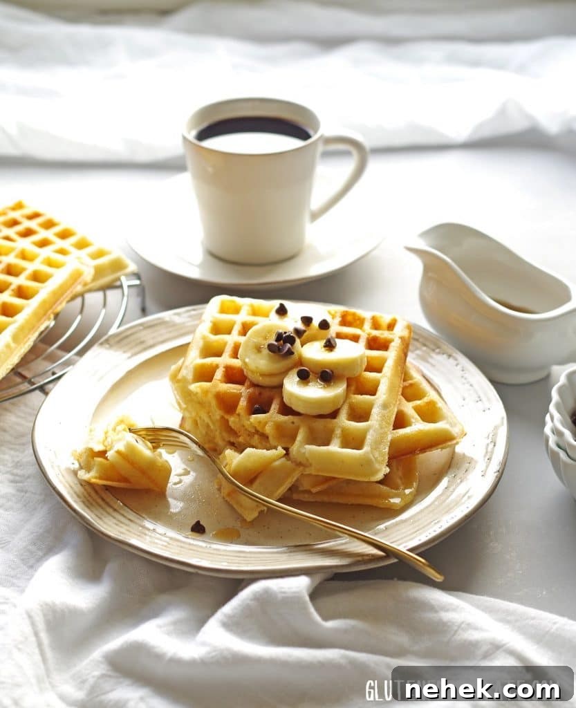 Gluten-free waffles made from scratch using this easy recipe, served on a cream colored plate with a bite taken out on a fork and a cup of coffee in the background.