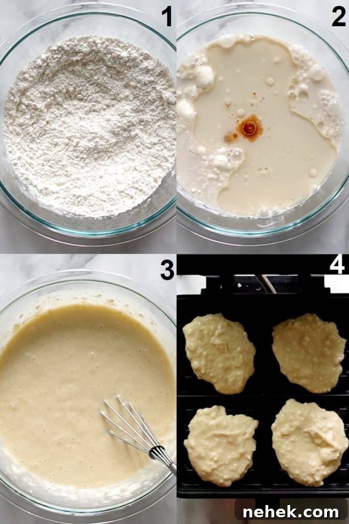 Four photos showing the steps to make gluten-free waffles from scratch: whisking dry mix, adding wet ingredients, pouring batter onto a waffle iron, and finished golden-brown waffles.