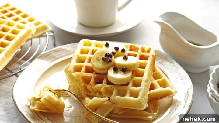 close up of three waffles on a cream colored plate with a bite taken out on a fork, a cup of coffee in the background