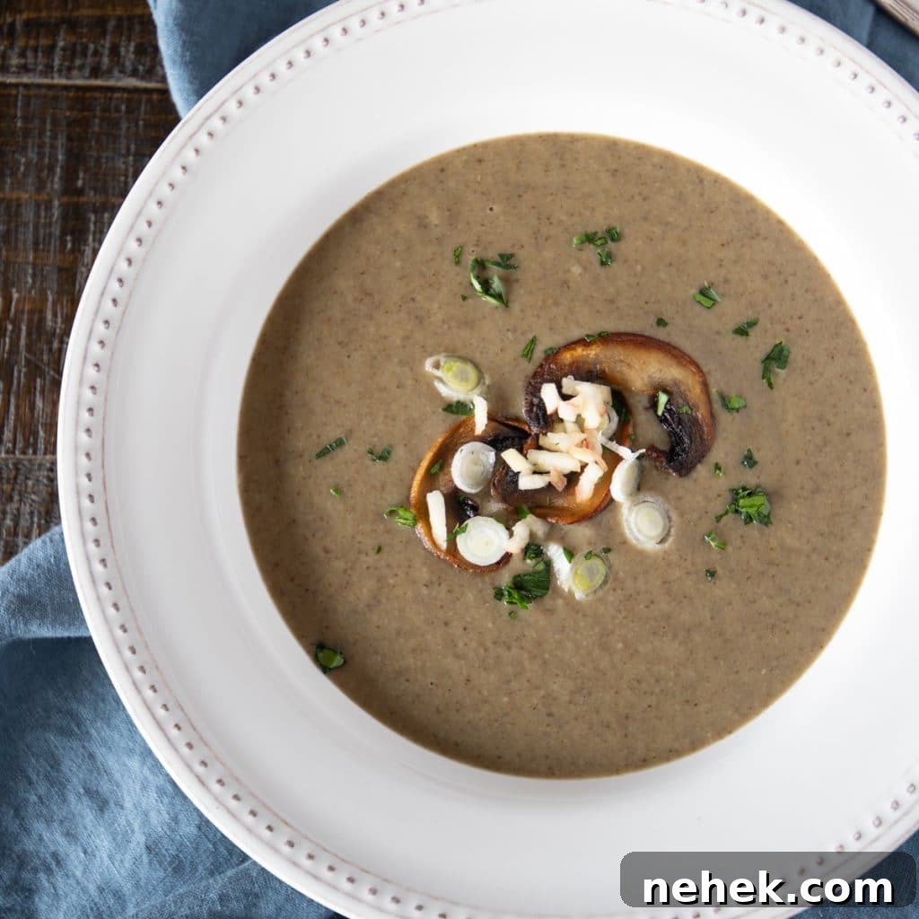 Creamy Spiced Pumpkin Soup Made with Canned Pumpkin 4 Bowl of puréed mushroom soup topped with sliced mushrooms, scallions and parsley.