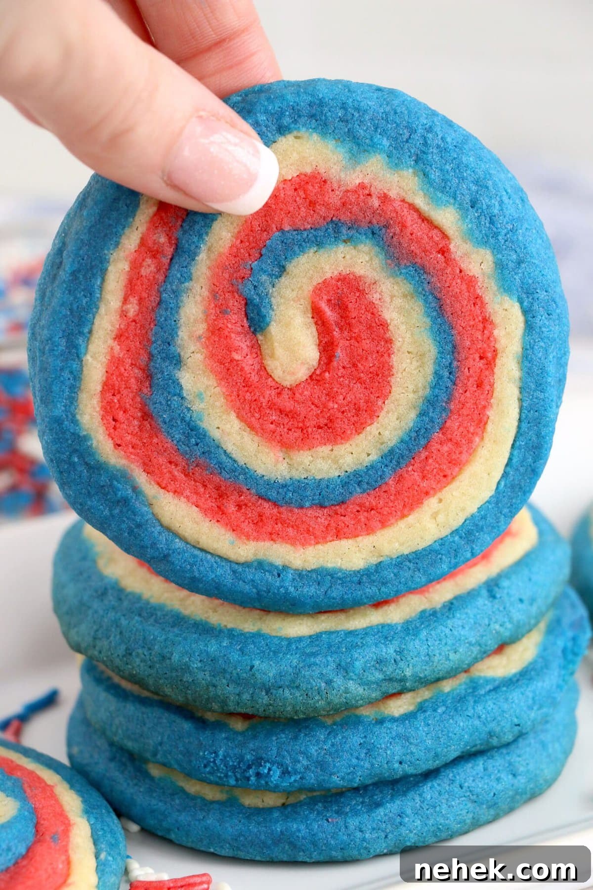 Patriotic Red, White & Blue Sugar Cookie Recipe 15 red, white and blue cookies in a pinwheel shape