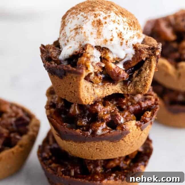 mini pecan pies stacked with ice cream