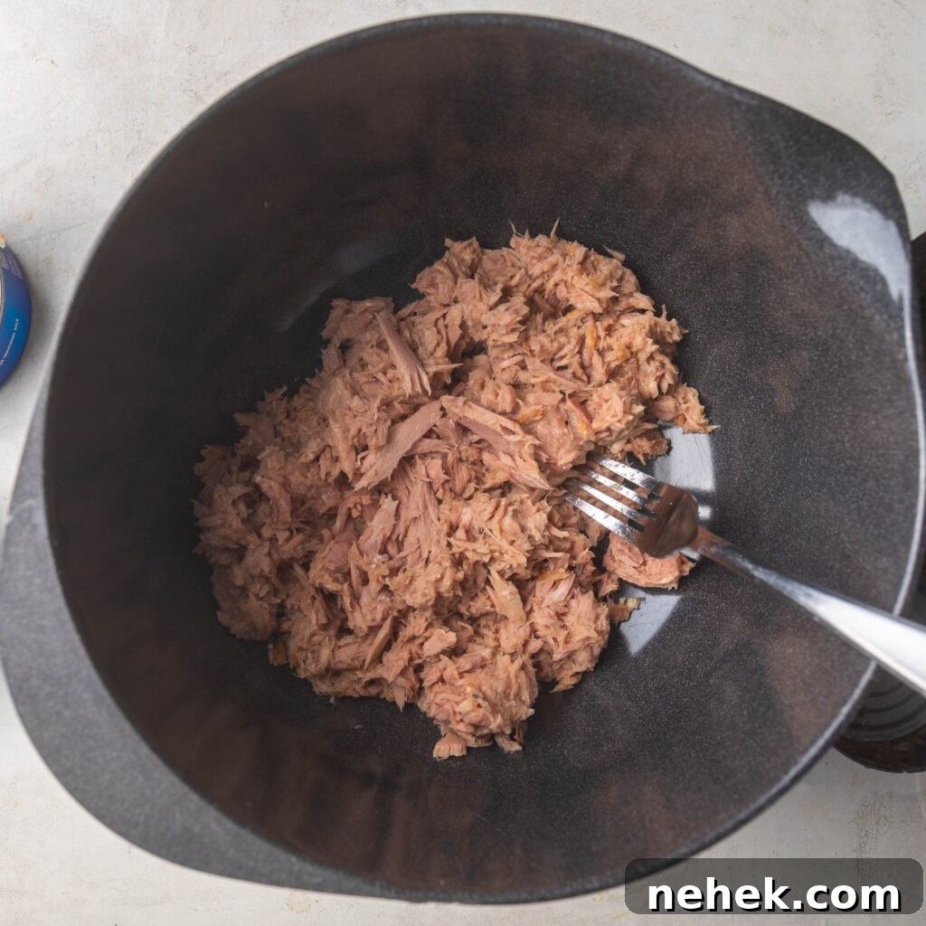 Grey bowl with tuna fish and a fork.
