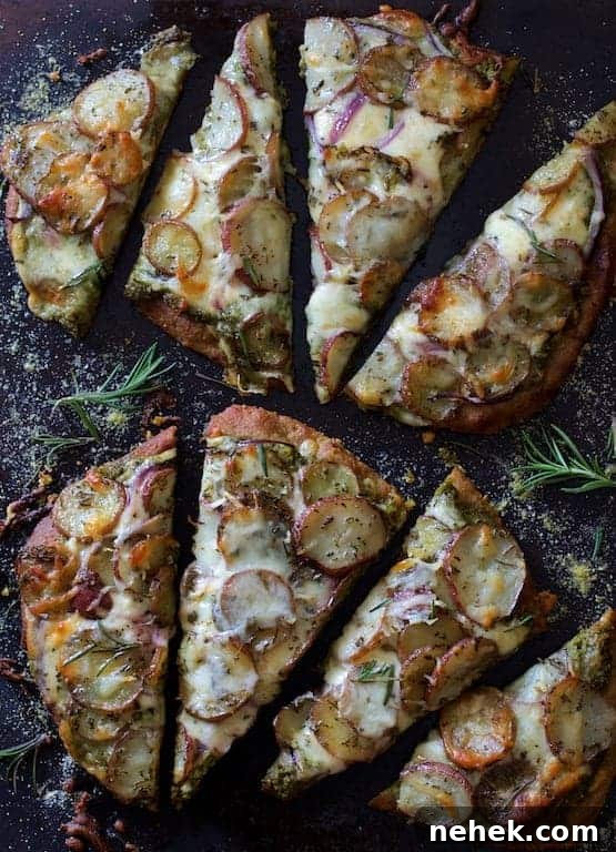 Crispy Potato Flatbread Recipe: Step-by-Step Homemade Guide 2 Photo of Naan Potato Pizza with Radish Pesto and Smoked Mozzarella cut into eight slices.
