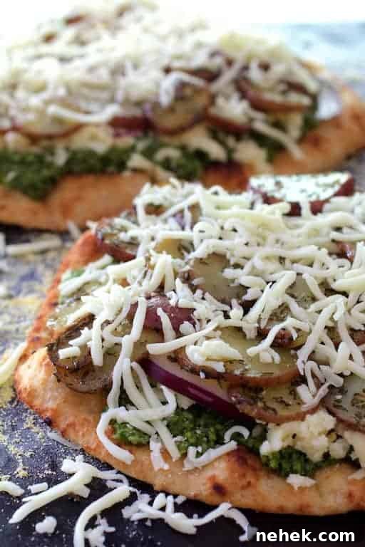 Crispy Potato Flatbread Recipe: Step-by-Step Homemade Guide 6 Photo of Naan Potato Pizza with Radish Pesto and Smoked Mozzarella before being cooked.