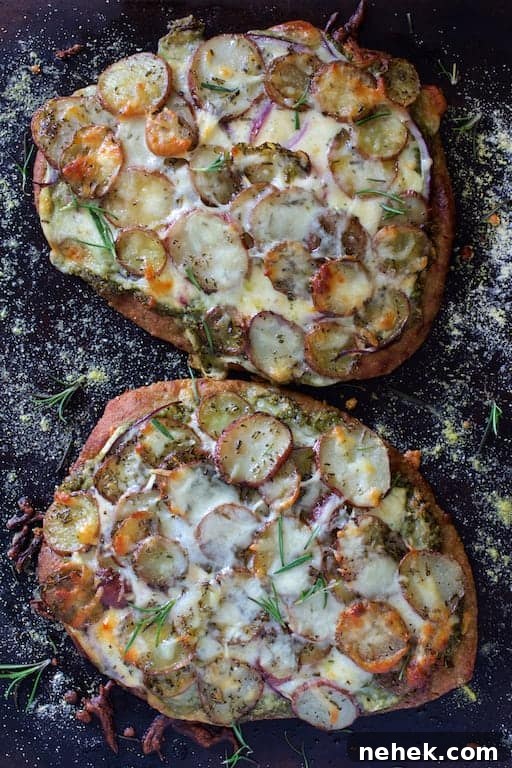 Crispy Potato Flatbread Recipe: Step-by-Step Homemade Guide 7 Photo of whole Baked Naan Potato Pizza with Radish Pesto and Smoked Mozzarella before being cut.