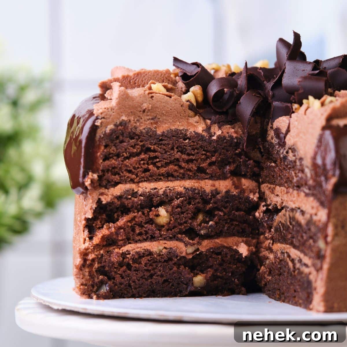 A chocolate cake made with the two bowl mixing method.