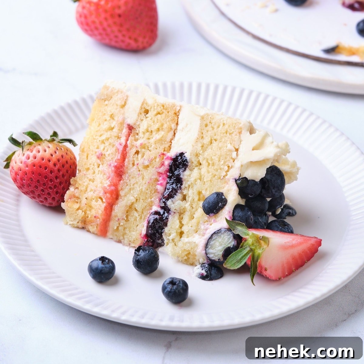 A vanilla cake made with the traditional creaming mixing method.