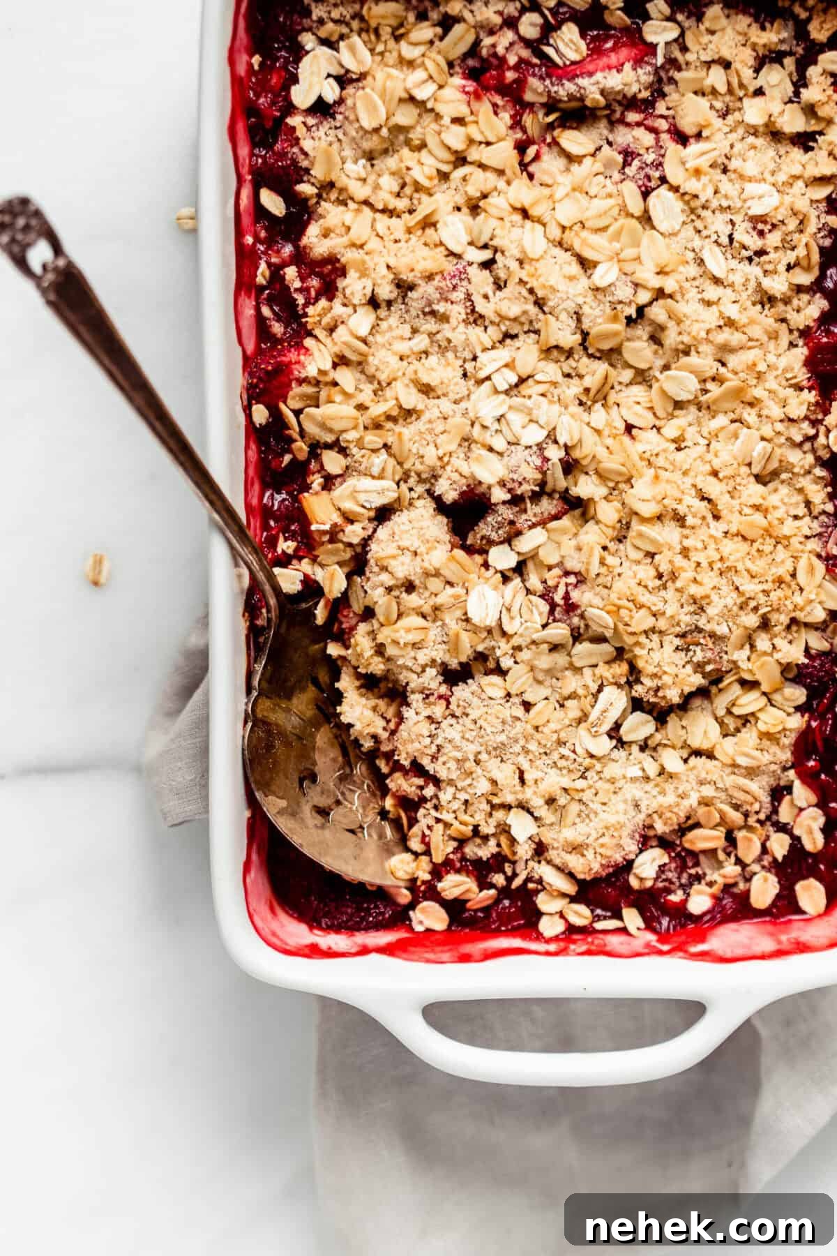 strawberry rhubarb crisp in a baking dish.