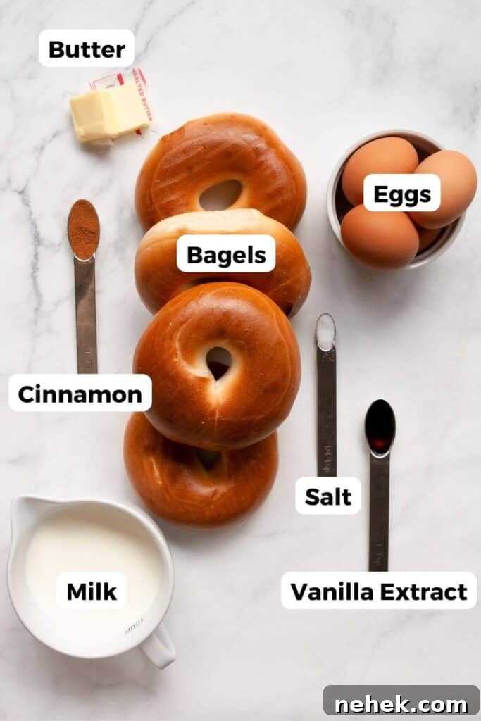 Cinnamon French Toast Bagels with Maple Glaze 4 all ingredients in French toast bagels recipe including plain bagels, milk, vanilla extract, eggs, salt, maple syrup, and cinnamon