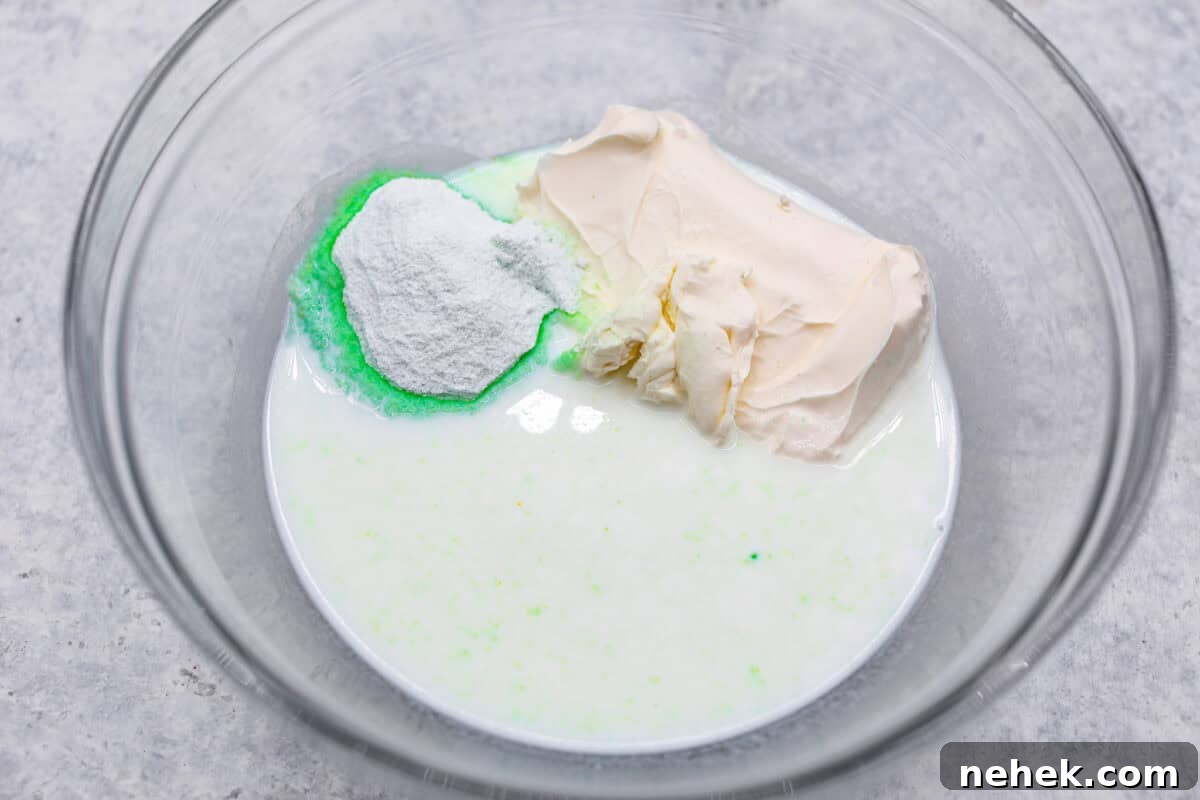 First photo of the milk, cream cheese, and pudding powder in a bowl.