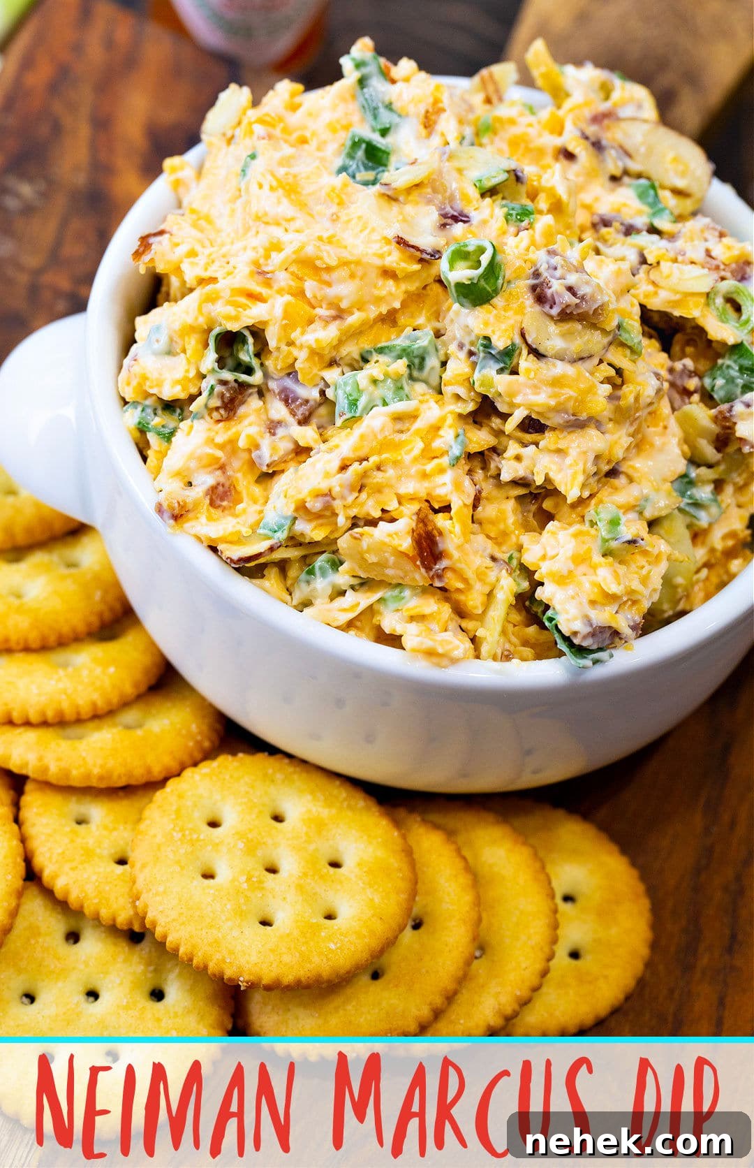 Copycat Neiman Marcus Dip Recipe for Parties 4 Neiman Marcus Dip in a bowl surrounded by crackers.
