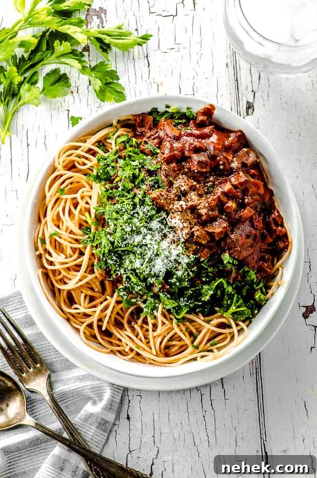 High-Protein Mushroom Pasta Recipe for Muscle & Energy 2 bird's eye view of a bowl of mushroom pasta
