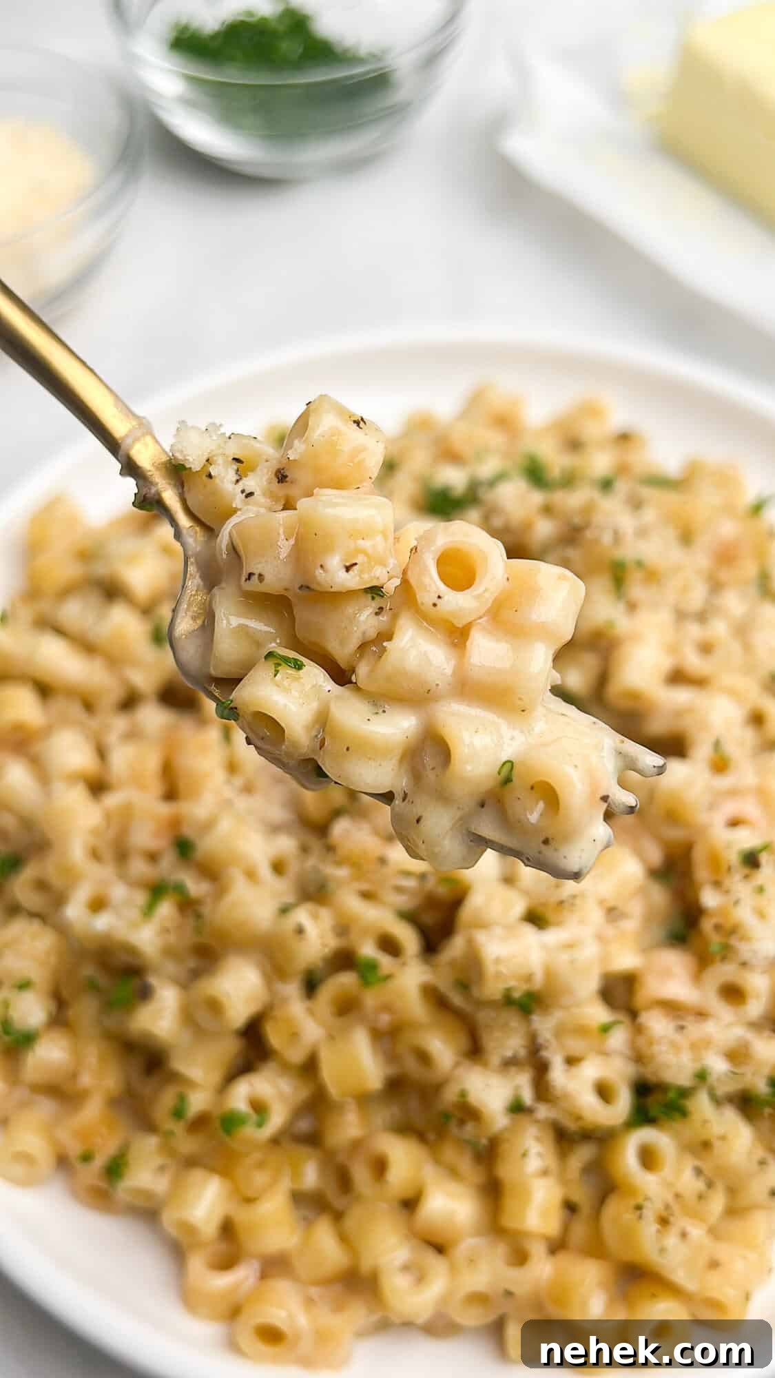butter parmesan pasta on a fork
