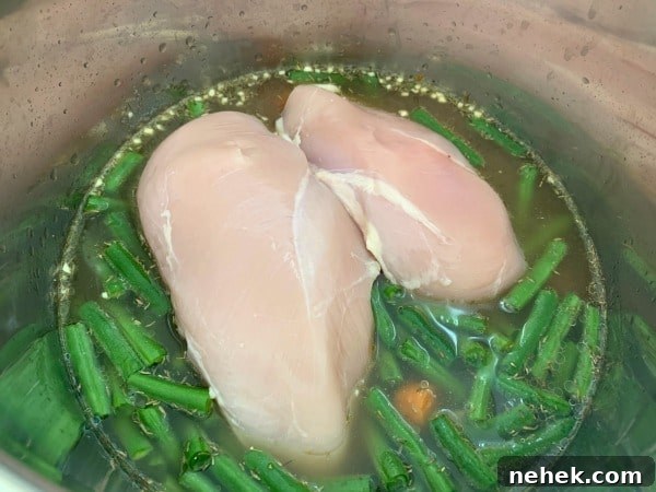 Hearty Gluten-Free Chicken Stew in the Instant Pot 6 Adding chicken and broth to the Instant Pot.
