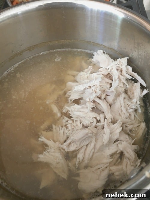Hearty Gluten-Free Chicken Stew in the Instant Pot 8 Adding shredded chicken back to Instant Pot.