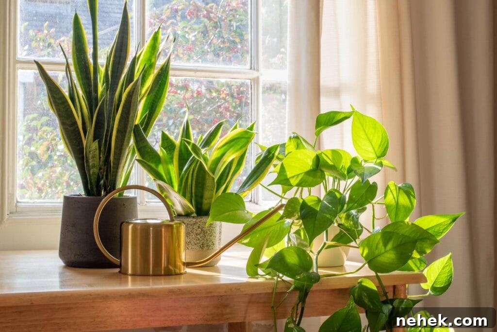 Houseplant Guide for Renters: Low-Maintenance Picks That Thrive 2 Snake plants and pothos in pots on a sunny windowsill with a gold watering can, brightening a rental home interior.