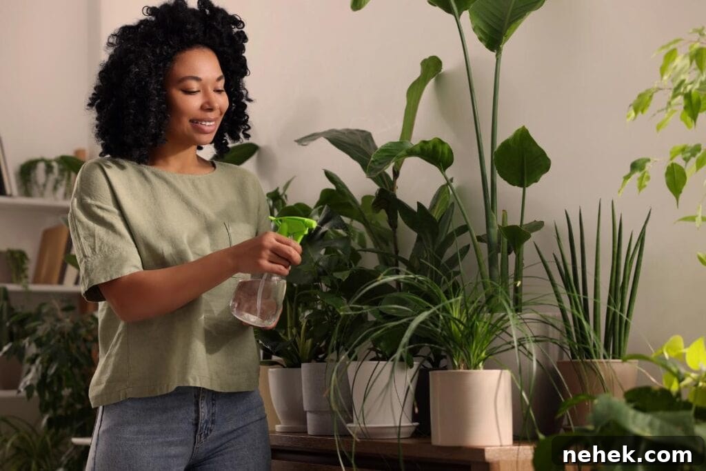 Houseplant Guide for Renters: Low-Maintenance Picks That Thrive 3 Smiling woman using a spray bottle to mist a variety of indoor plants in pots, maintaining healthy greenery indoors.