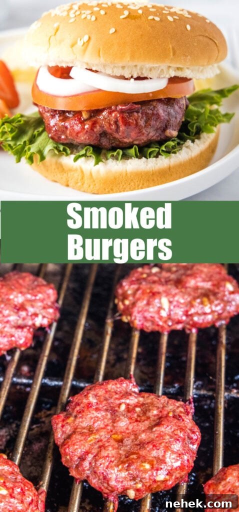 How to Make Smoked Burgers That Stay Juicy and Flavorful 6 close up burgers on the smoker and one on a bun