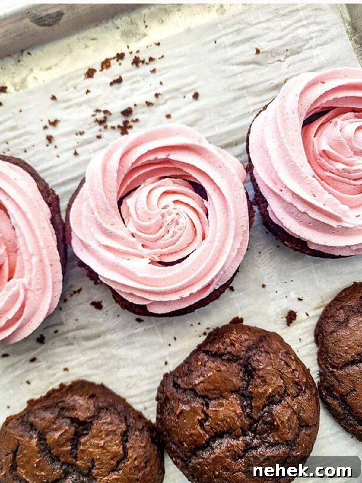 Chocolate Whoopie Pies with Strawberry Frosting Recipe 9 Assembled chocolate whoopie pies filled with swirled strawberry frosting.