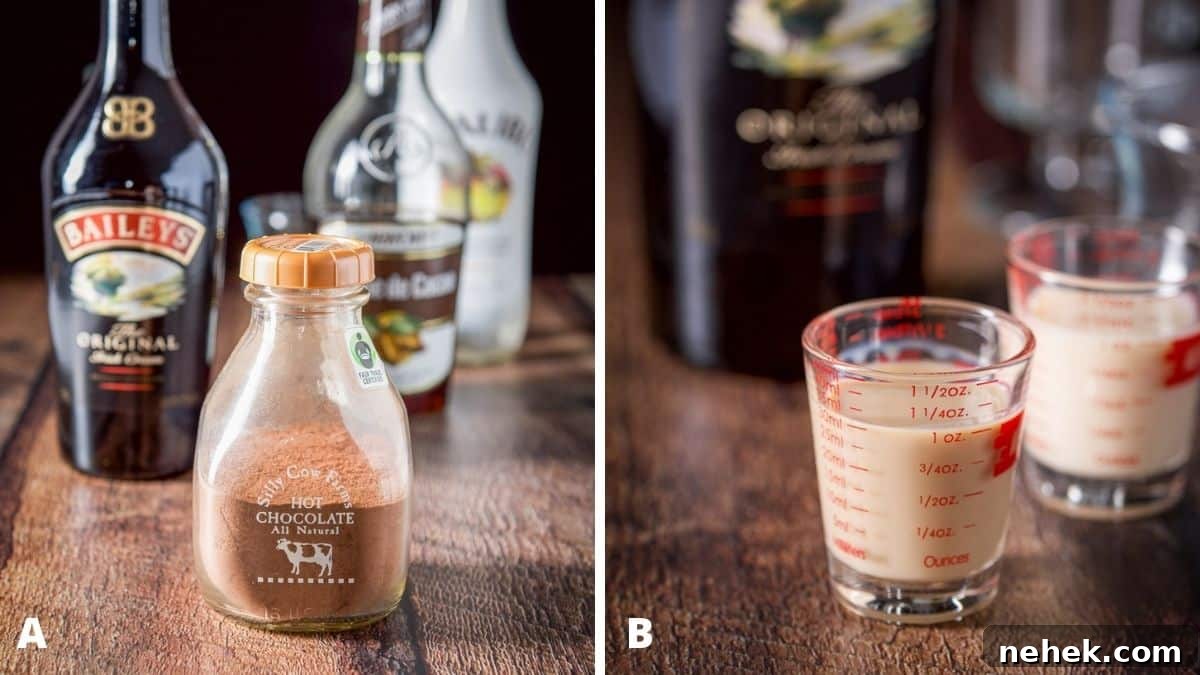 Snow Plow Cocktail Recipe: Creamy Coffee Brunch Cocktail 3 Left - cocoa, Irish cream, creme de cacao and coconut rum on a wooden table. Right - Irish cream poured out with the bottle in the background