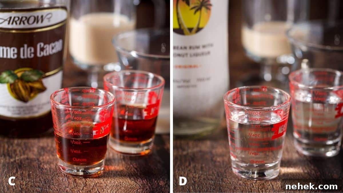 Snow Plow Cocktail Recipe: Creamy Coffee Brunch Cocktail 4 Left - creme de cacao measured out with bottle. Right - coconut rum measured with the bottle