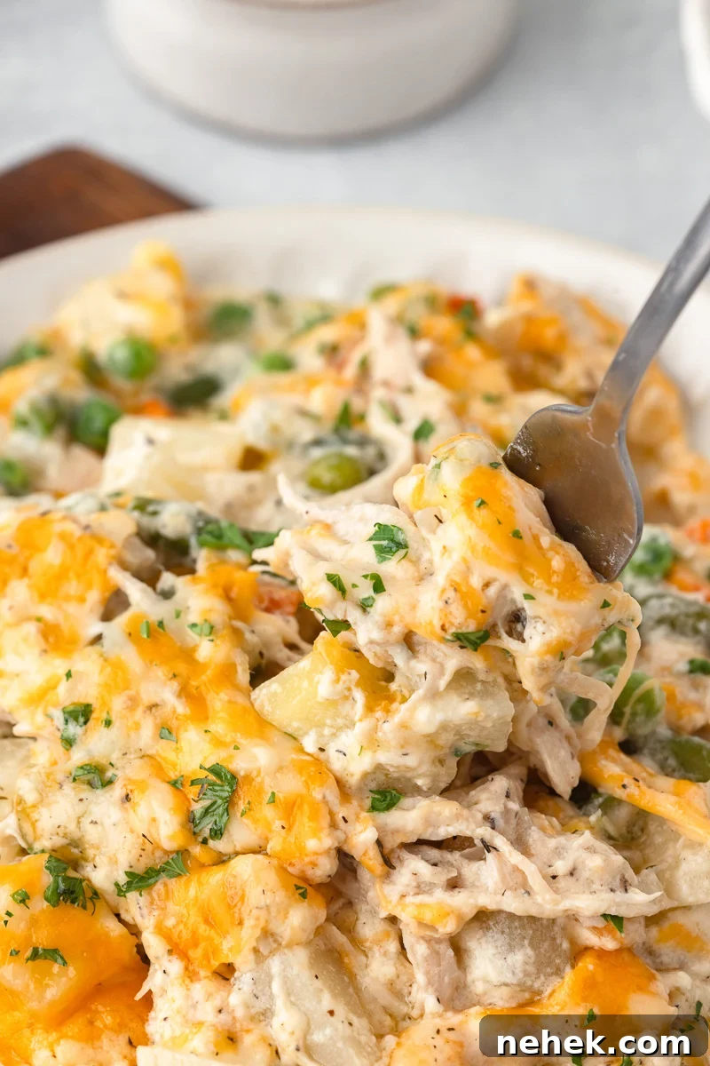 One-Pan Chicken and Potato Casserole with Crispy Top 3 Chicken potato casserole on a white plate.