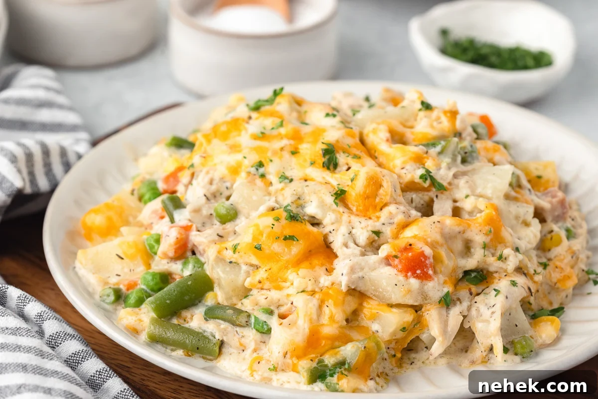 One-Pan Chicken and Potato Casserole with Crispy Top 4 Chicken potato casserole on a white plate.