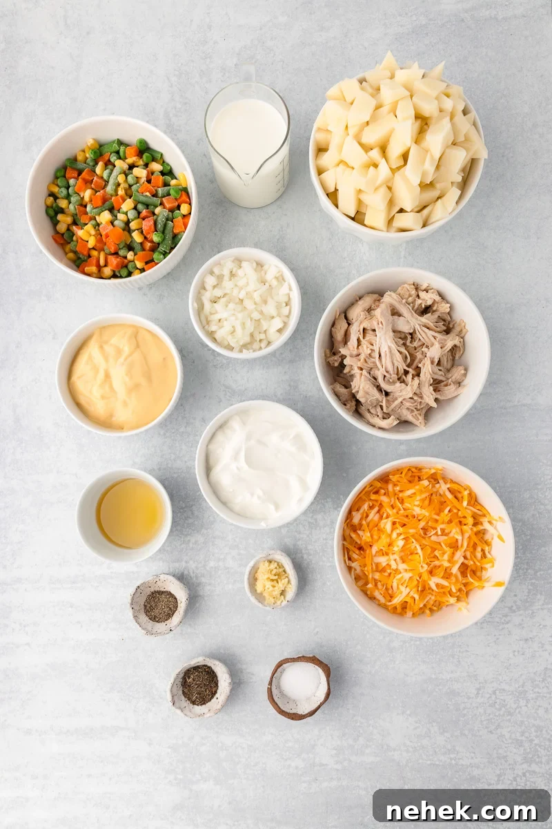 One-Pan Chicken and Potato Casserole with Crispy Top 5 Ingredients for recipe in small bowls.