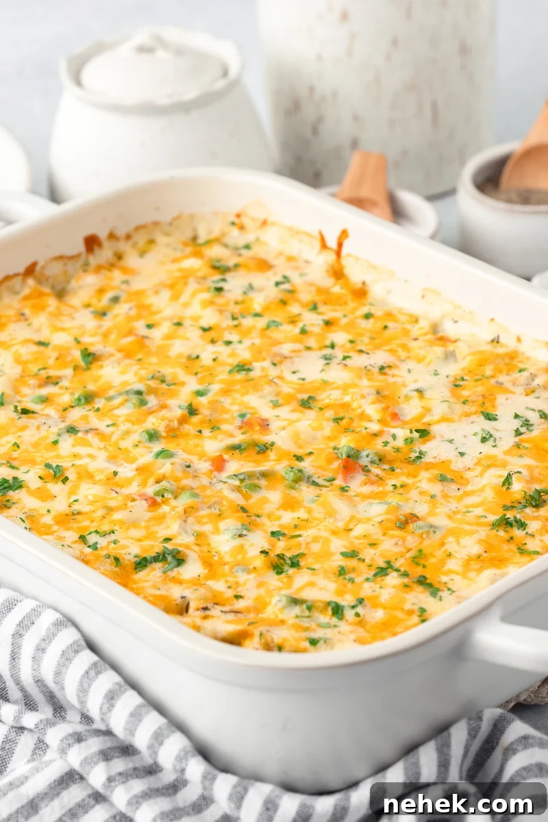 One-Pan Chicken and Potato Casserole with Crispy Top 7 Side view of chicken and potato caserole.
