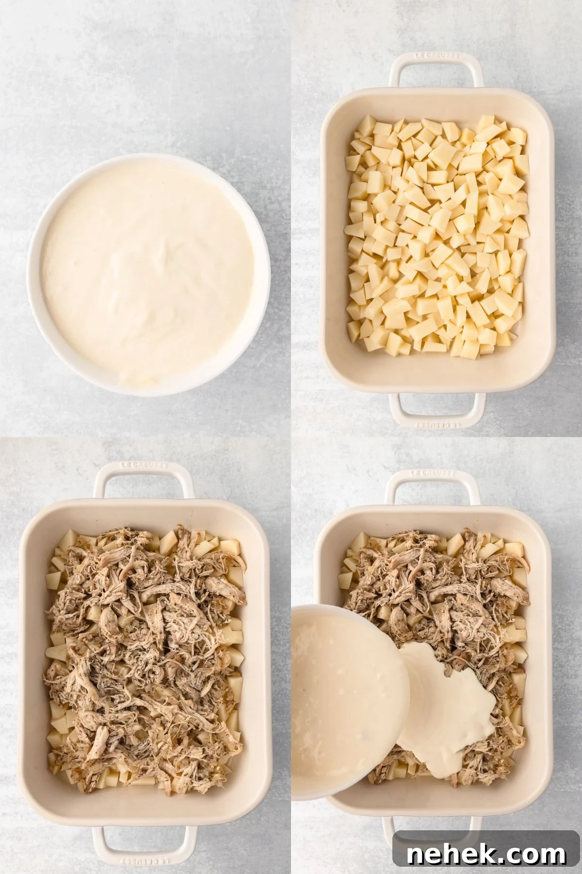 One-Pan Chicken and Potato Casserole with Crispy Top 9 Step by step images for how to make chicken potato casserole.