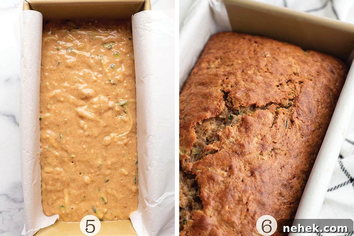 Moist Sourdough Zucchini Bread Recipe 5 A bread loaf pan with zucchini bread batter and then a second with the loaf baked.