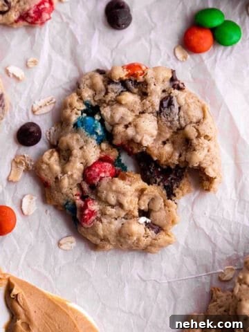 An oatmeal cookie with M&M's, chocolate chips, and peanut butter.