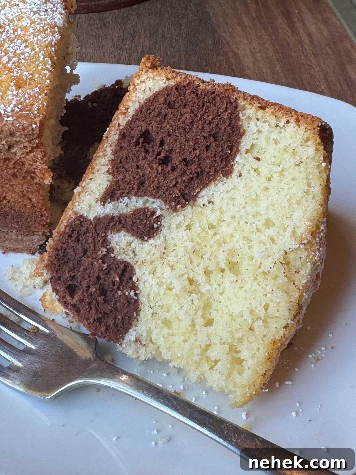 Moist Sour Cream Marble Bundt Cake with Chocolate-Vanilla Swirl 3 Slice of The Settlement Cookbook marble cake and recipe.