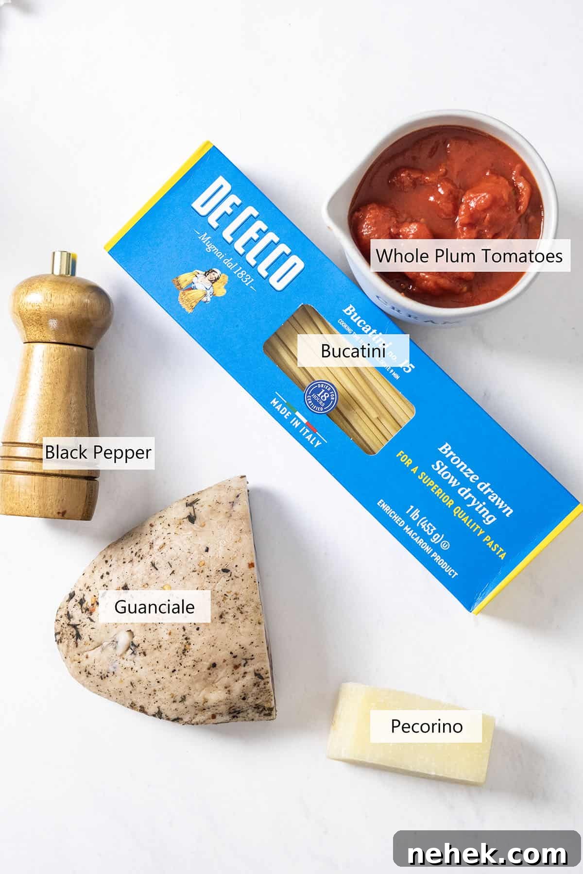 Authentic Bucatini Amatriciana Recipe 3 Ingredients for the recipe.