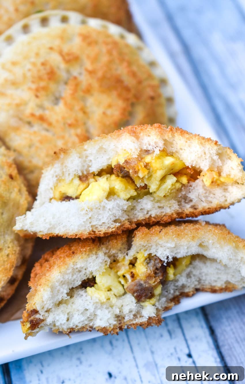 Breakfast Uncrustables: Make-Ahead Morning Sandwiches 7 a broken in half breakfast uncrustable revealing the sausage egg and cheese filling resting on the edge of a white serving platter