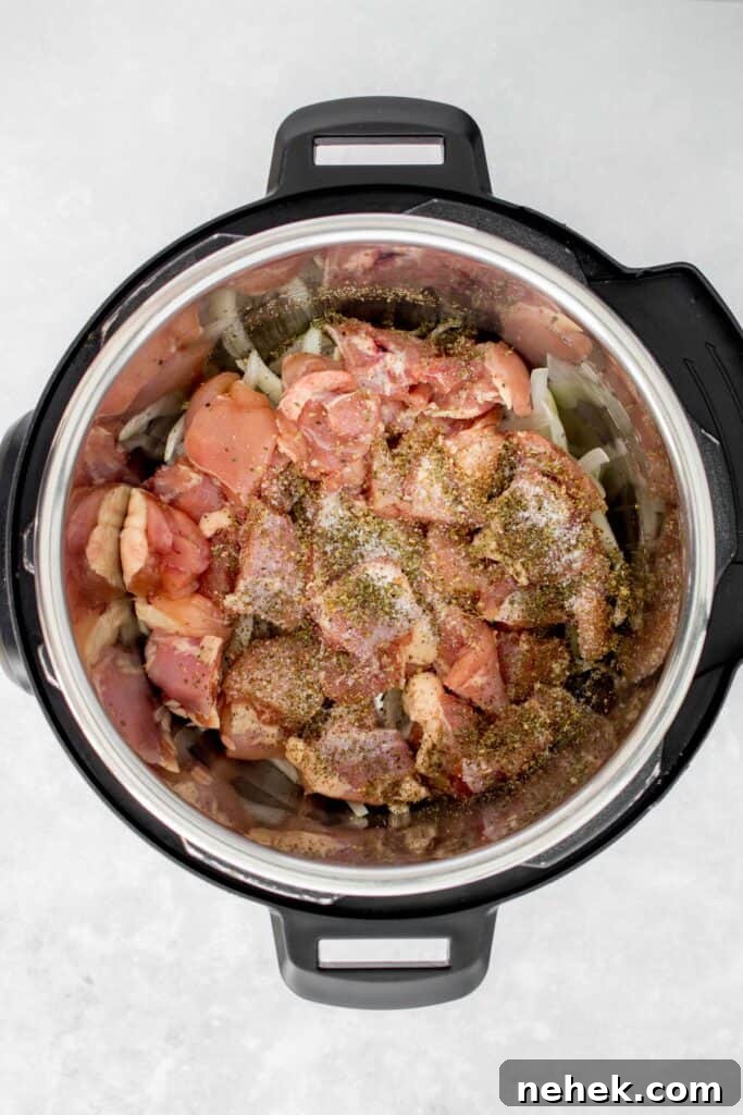Creamy Instant Pot Chicken Pesto Pasta 6 Seasoned chicken thighs in the Instant Pot.